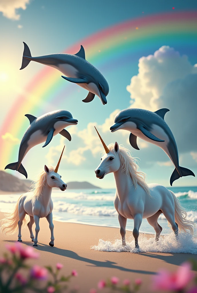 Dolphins jumping on the beach with unicorns and rainbows
