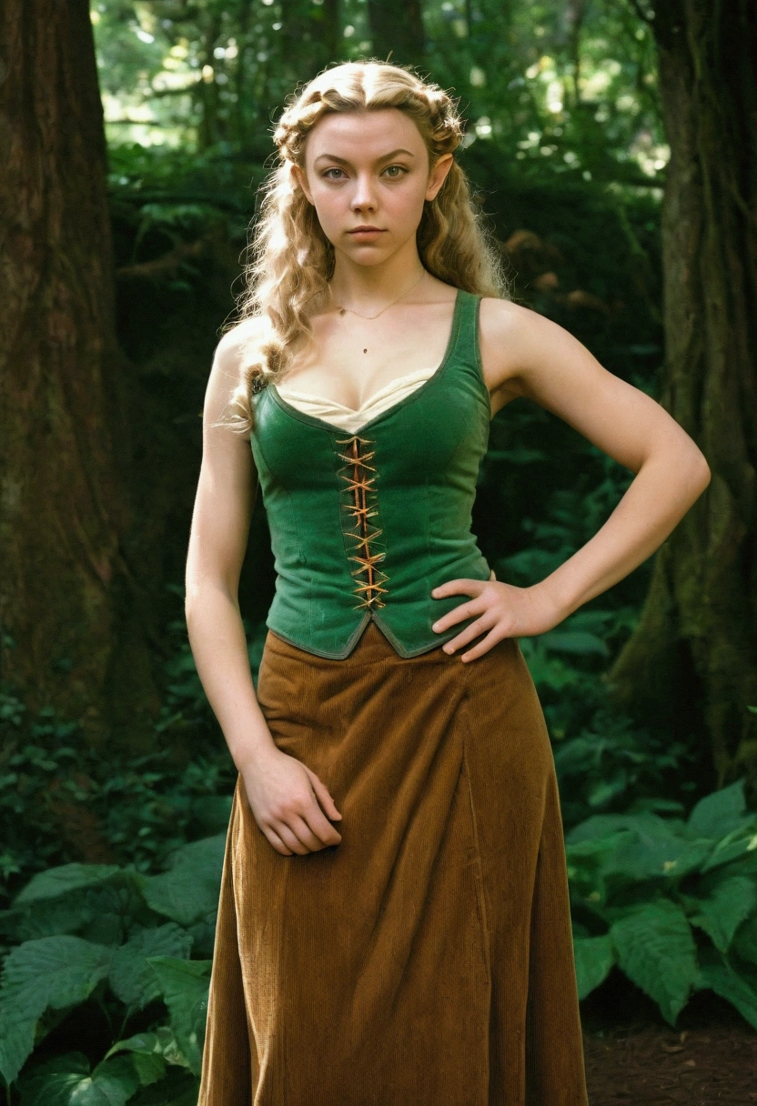 analog film photograph, photo of an elven maiden, 18-years-old, amazonian stature, athletic hourglass figure, busty breasts, narrow waist, full wide hips, big round buttocks, wearing a tank top and a corduroy skirt, tan complexion, pointy elf ears, long messy curls, resembles Natalie Dormer, posing on a seedy tavern stage, RAW Photograph, dslr, soft lighting, high quality, film grain, Fujifilm XT3, detailed skin with visible pores, insane details, masterpiece, 8k, 35mm photograph, dslr, kodachrome, faded film, desaturated, grainy, vintage, Lomography, stained, highly detailed, found footage, long elven ears