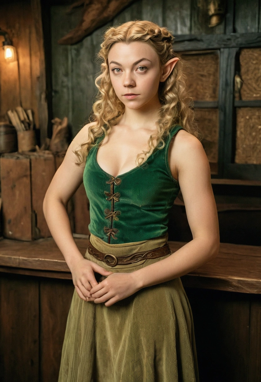 analog film photograph, photo of an elven maiden, 18-years-old, amazonian stature, athletic hourglass figure, busty breasts, narrow waist, full wide hips, big round buttocks, wearing a tank top and a corduroy skirt, tan complexion, pointy elf ears, long messy curls, resembles Natalie Dormer, posing on a seedy tavern stage, RAW Photograph, dslr, soft lighting, high quality, film grain, Fujifilm XT3, detailed skin with visible pores, insane details, masterpiece, 8k, 35mm photograph, dslr, kodachrome, faded film, desaturated, grainy, vintage, Lomography, stained, highly detailed, found footage, long elven ears