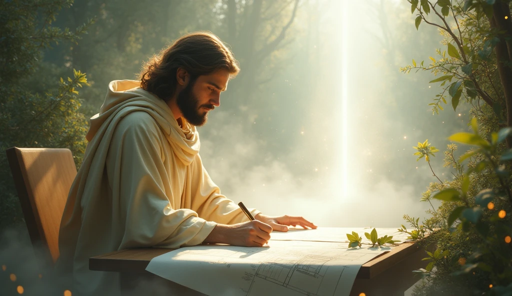 Christ as an architect, drawing blueprints for a bright future on a celestial table, a white light shines emanating from Jesus Christ who is wearing a beige cloak on his head, and small lights fly over the entire scene, a beautiful image that will impress, in an environment with concert foliage flying over the scene in a misty environment, create an impressive image that is so beautiful