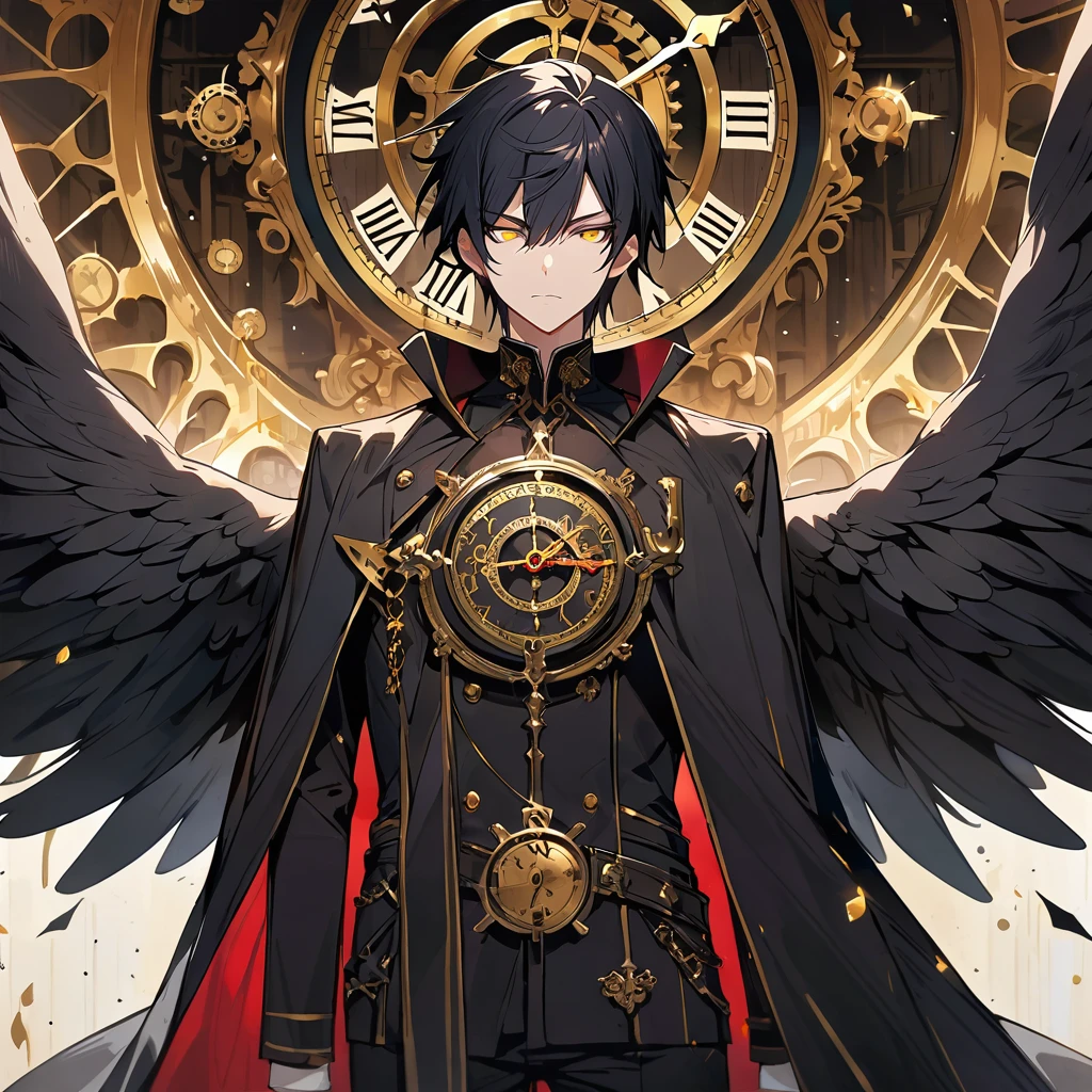 A male with black hair and wings standing in front of a clock, have a black wings, gold eye Solo, High Resolution,