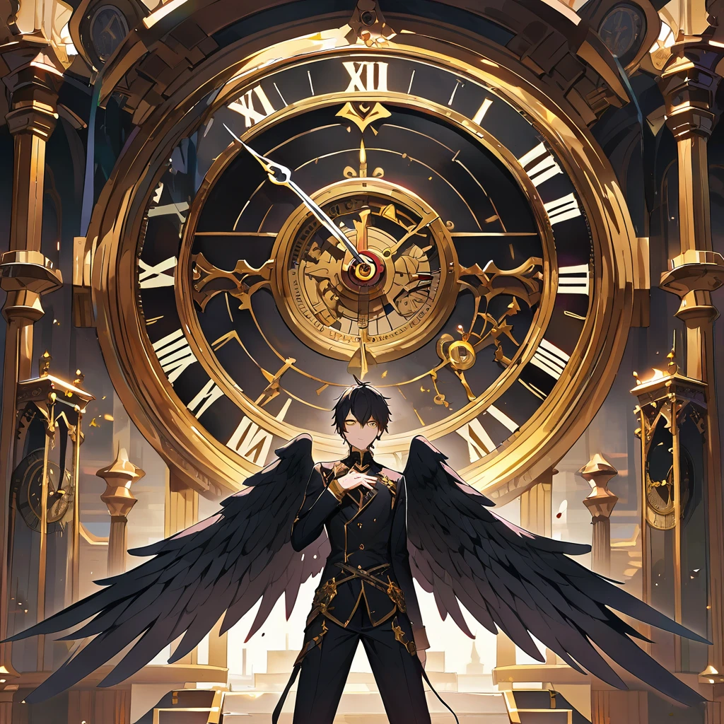 A male with black hair and wings standing in front of a clock, have a black wings, gold eye Solo, High Resolution,
