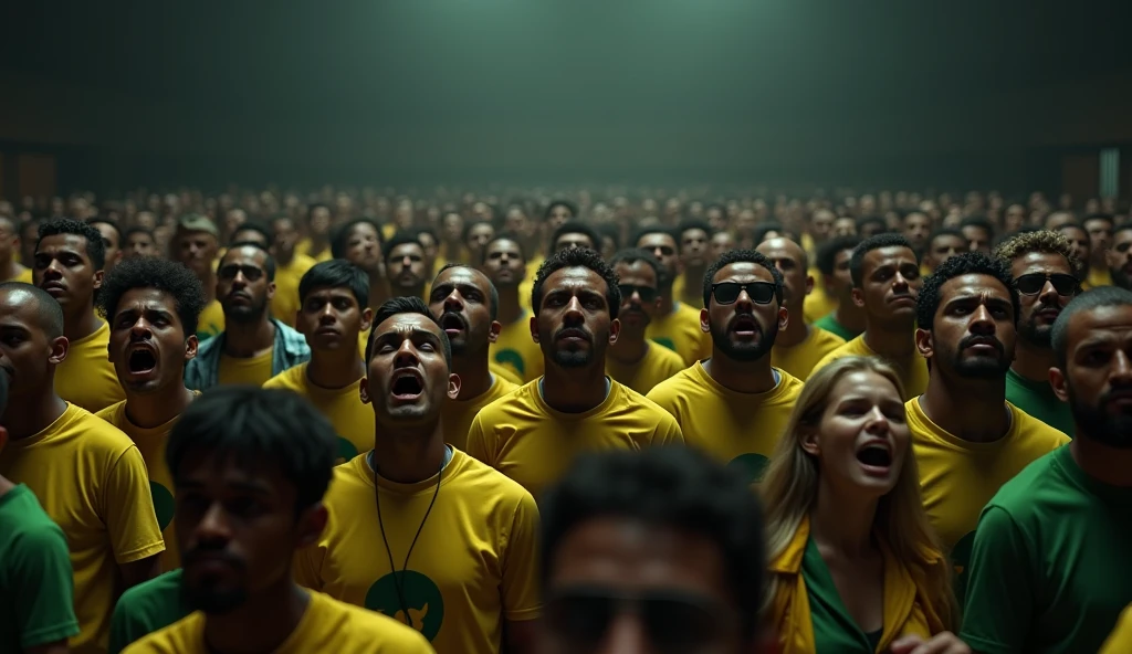I would like you to make in good quality 3D a large, dark room with a crowd of Brazilians dressed in green and yellow, shocked and with expressions of fear and sad and discouraged faces..
