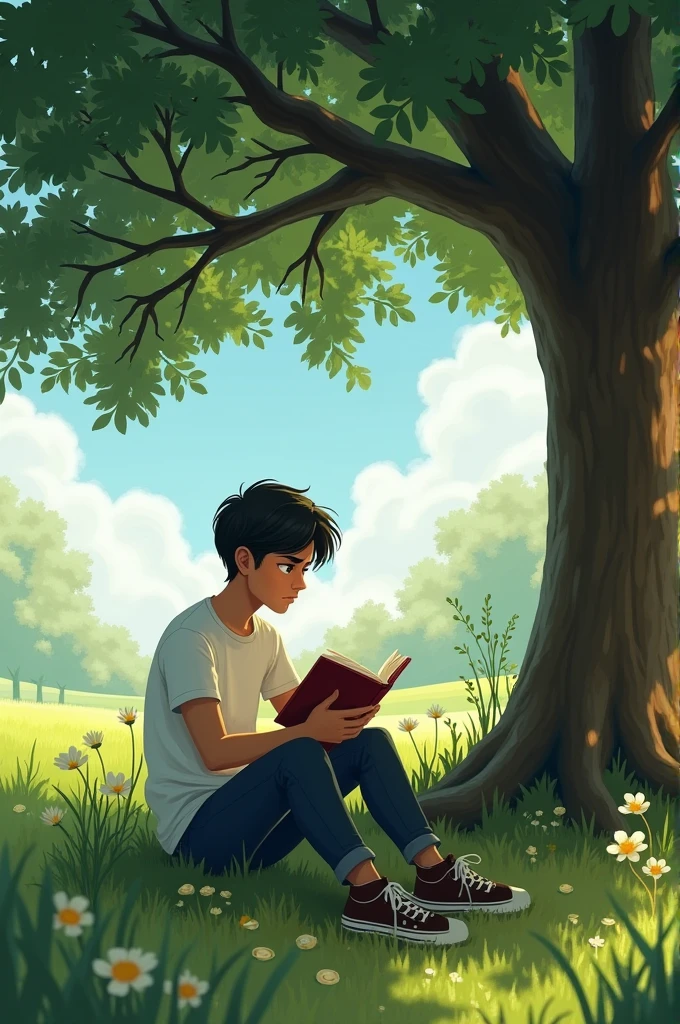 Ramu Reading the Book: Ramu sitting under a tree, deeply engrossed in reading the book.