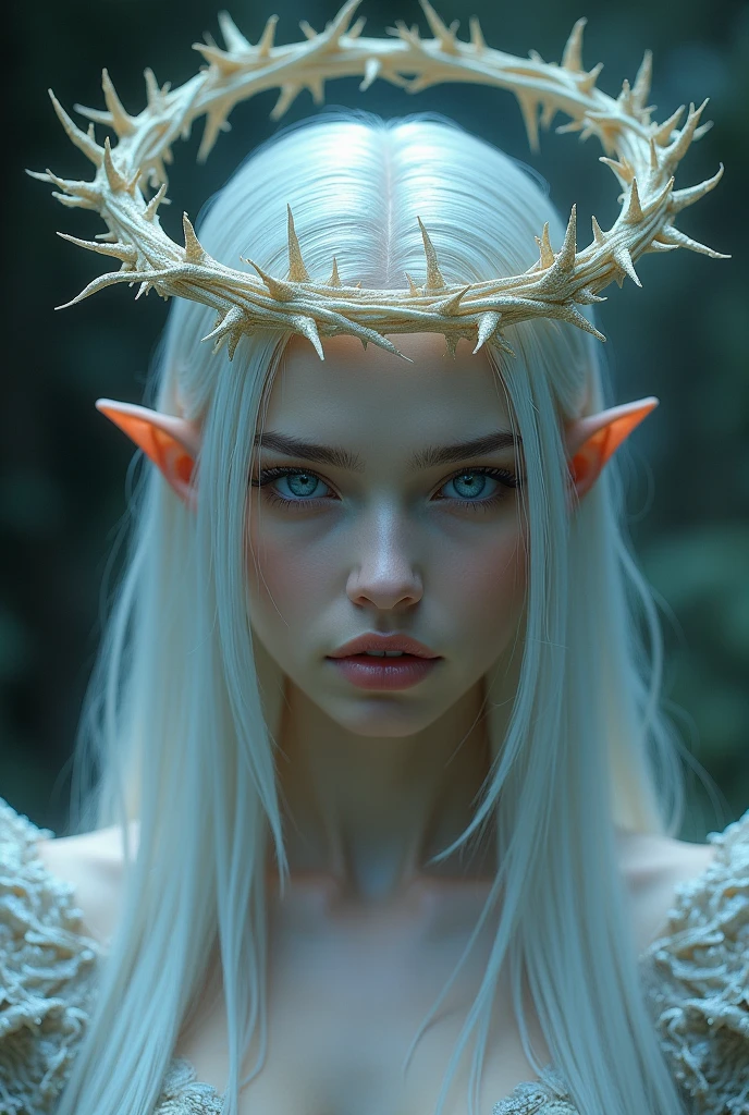 like your slightly pointy ears,a circular transparent crown that looks like it is made of thorns, that crown floated above the woman's head, the crown did not float.And what caught the most attention was the beauty of that woman, she was so beautiful with her long, silver hair., and her navy blue eyes gave her an aura of purity with her thin lips and her face that seemed to have been sculpted by an artist the woman was aut