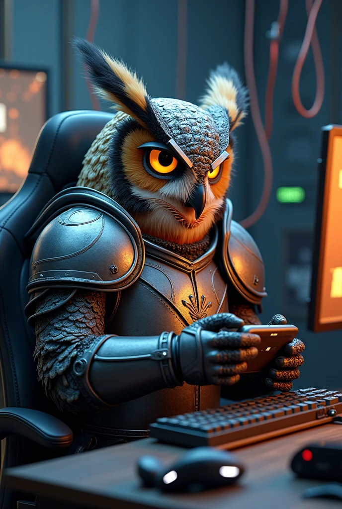 Knight Owl wearing gaming gears and playing games