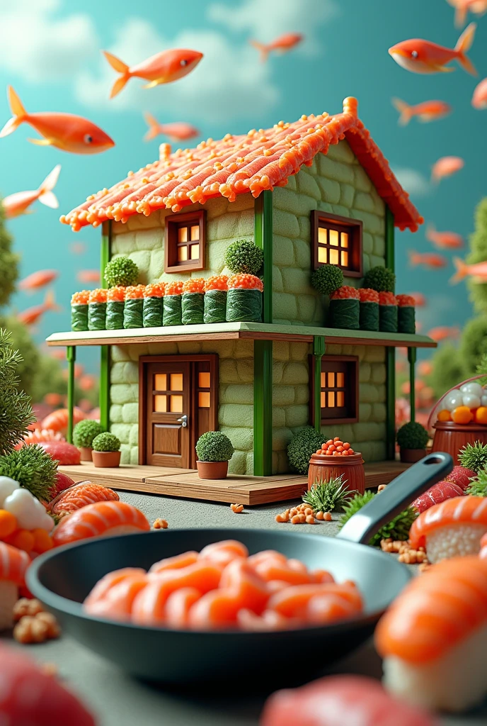 ((masterpiece, 8k, best quality, 8k, super realistic, high resolution:1.3)), realistic house, 2 storey house, 2 meter house, house made of sushi, sushi world, Sashimi in a frying pan, world of fish eggs, wasabi world, wall made of cucumber sushi, paper holder of some sushi.