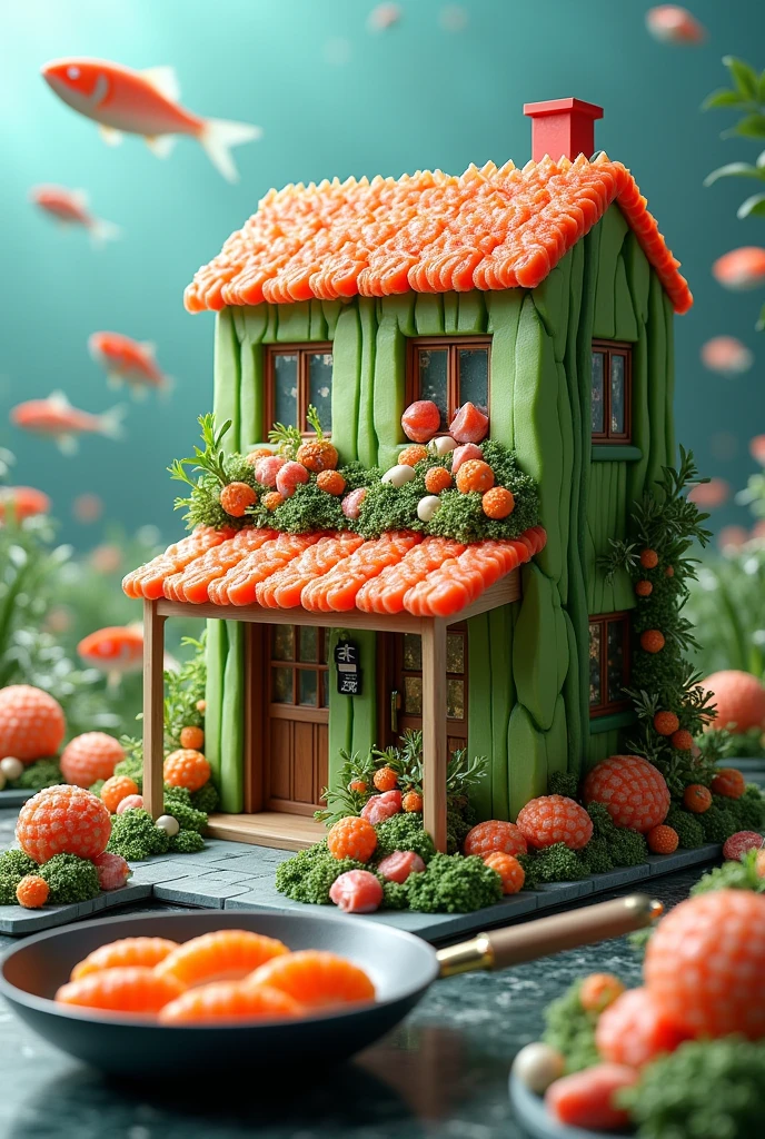 ((masterpiece, 8k, best quality, 8k, super realistic, high resolution:1.3)), realistic house, 2 storey house, 2 meter house, house made of sushi, sushi world, Sashimi in a frying pan, world of fish eggs, wasabi world, wall made of cucumber sushi, paper holder of some sushi.