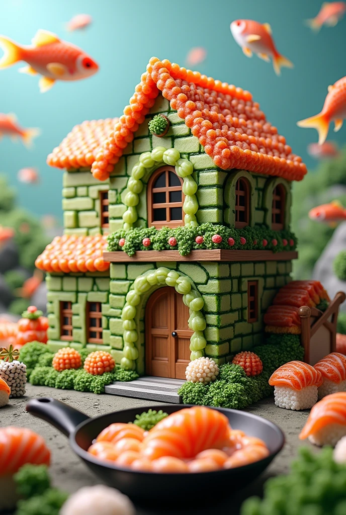 ((masterpiece, 8k, best quality, 8k, super realistic, high resolution:1.3)), realistic house, 2 storey house, 2 meter house, house made of sushi, sushi world, Sashimi in a frying pan, world of fish eggs, wasabi world, wall made of cucumber sushi, paper holder of some sushi.