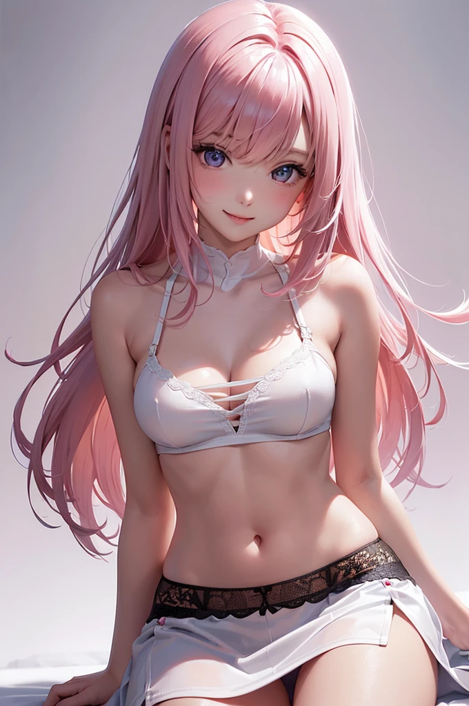 Best Quality,High resolution,8k,(plain white background, no patterns, no textures, just a plain white background:1.3),Masterpiece:1.2),beautiful girl,Big Breasts,(Shiny pink hair:1.3),messy hair,Beautiful pink eyes,Gentle look,A refreshing look,smile,Oversized shirt,Best quality,Best Quality,Aesthetic and aesthetic:1.2,Best details((Super detailed))(High-definition CG illustrations),Slender body,smile,blush,cute,Scrounge,Looking up,Being spoiled,super model, wariza, sit