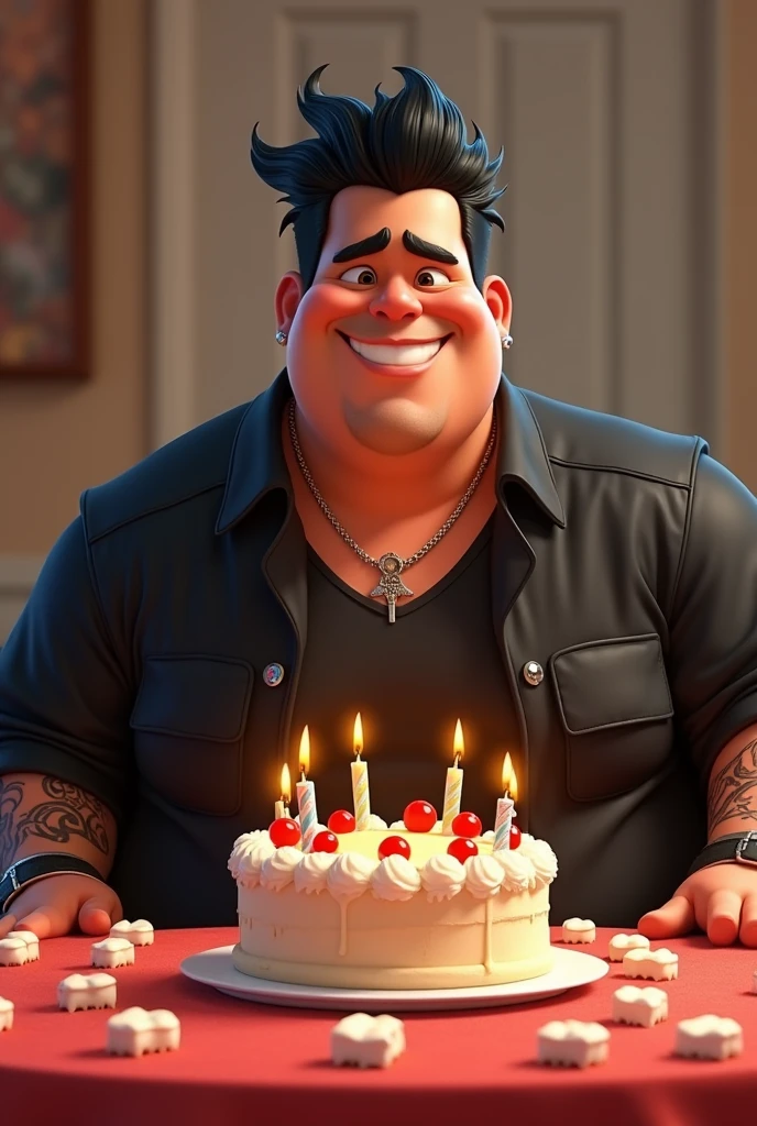 Disney Pixar style character of a large-bodied Latino man dressed in black clothes and black jacket with a flirtatious masculine face and cheerful black hair combed sideways with black glasses, Tattooed arms blowing on a birthday cake and lots of teeth on the table