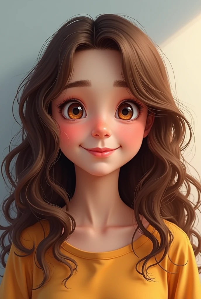 Young short chubby woman teenager with long curly hair brown eyes
