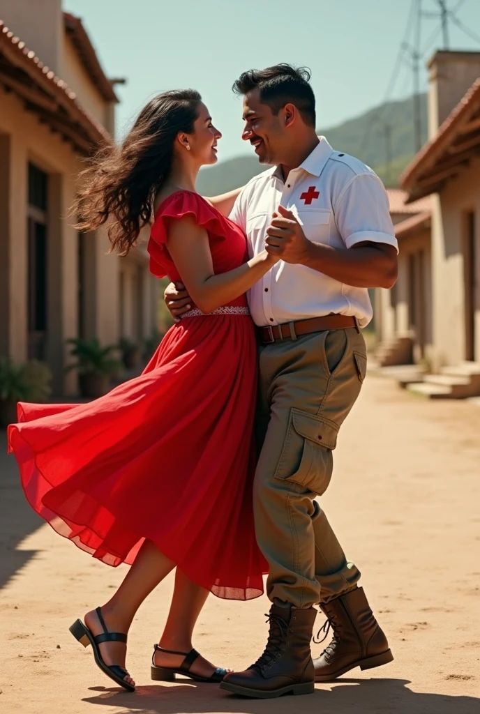 (photorealism:1.2),Red Cross volunteer couple, with his field uniform, Dancing Chilean cueca