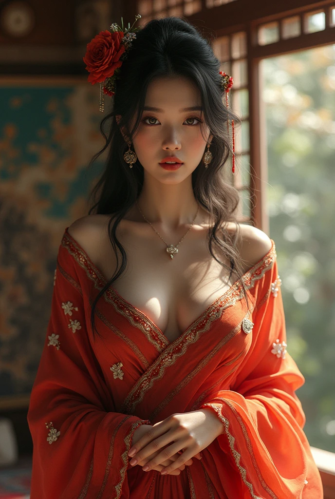 (masterpiece),(best quality:1.1),(Super detailed),Best Illustration,detailed,(naked:1.1),(Intense full body shot),Watercolor painting)floating,1 busty girl,(medium Breasts,nipple),Solitary,18 years old,(Very exquisite beauty face),(big eyes,Exquisite beauty),(Messy black hair),(Exquisite makeup,Red lips),Holding a red long sword,Soft and lazy,bright,4K, best quality, masterpiece, highres,(exquisite body:1.5),gorgeous face,(milky skin:1.3),intricate details,high resolution,wallpaper, 1girl, solo,dress,hair ornament,(((gold and red dress))),flowers,long hair,brown hair,closed mouth,jewelry,long sleeves,wide sleeves,big eyes,floating hair,chinese clothes,hanfu,embroidery,long skirt,natural pose,falling petals,indoor,fanning,lantern,16K,HDR,highres,depth field,(film grain:1.1),boken,golden hour,(lens flare),vignette,rainbowing,(color grading:1.5),(medium breasts:1.2),( ,looking at viewer, show nipples, medium breasts, show vagina, spread legs.