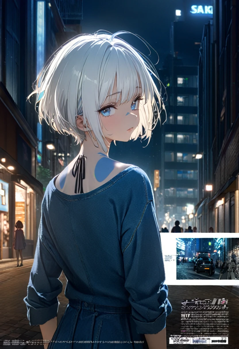 (8K, 4K, Best Quality, High Resolution: 1.2) ,1 girl, ((megami magazine)), white hair, short hair, blue eyes
、((masterpiece)),(((Best quality))),(Character Design Sheet,same character,Front,side,back),iRAW photo, portrait photo 25 years.about Girl in casual clothes, night, City street, (highly detailed skin:1.2), 8k contract, SLR camera, soft lighting, high quality, granularity, Fujifilm XT3,score_9,score_8_up,score_7_up,dramatic lighting,highly detailed,high budget,bokeh,cinemascope,moody,epic,gorgeous,film grain,grainy,masterpiece,best quality,perfect anatomy,very aesthetic,official art,8k,