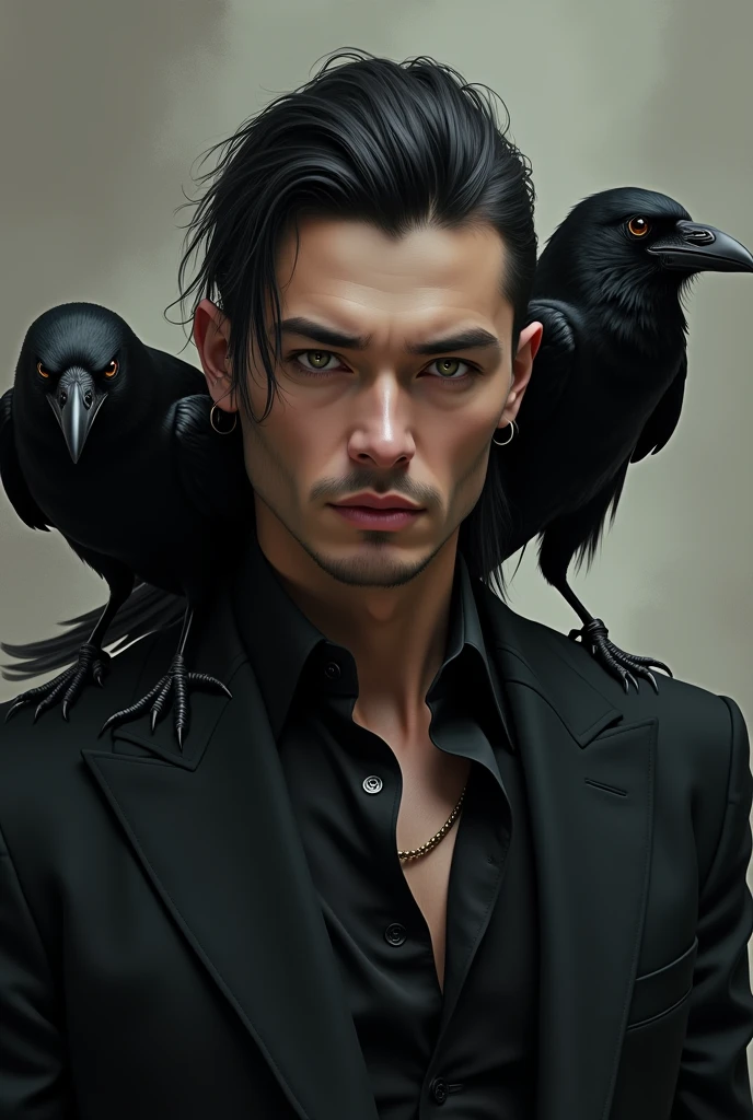 A drawing of a handsome man in black with a mullet hairstyle and two crows sitting on his shoulders.