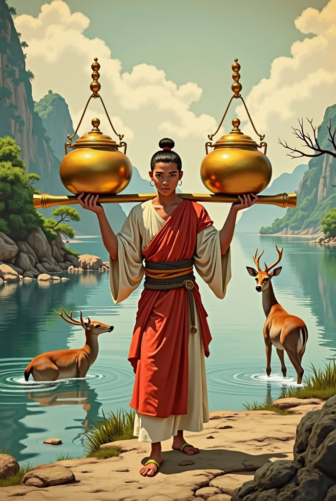 ယောက်ကျားလေးတစ်ယောက် ရွှေအိုးနှစ်လုံးကို ရေထမ်းတပိုးနဲ့ ရှေ့နောက်တစ်လုံးစီ ထမ်းပြီးပြန်လာ။ မြစ်ကမ်ဘေးမှာ သမင်တွေကရေကစားနေကြ
ကိုကား - သုဝဏ္ဏသာမဇာတ်၊ မဟာဗုဒ္ဓဝင်