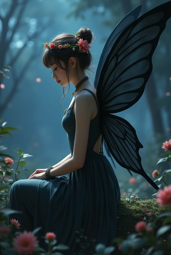Realistic woman like a Fairy sitting, small dark dress, beautiful shy face, very large dark wings, fantastic night background, tinker bell, looking down, side view, flowers in head, bracelets, collar