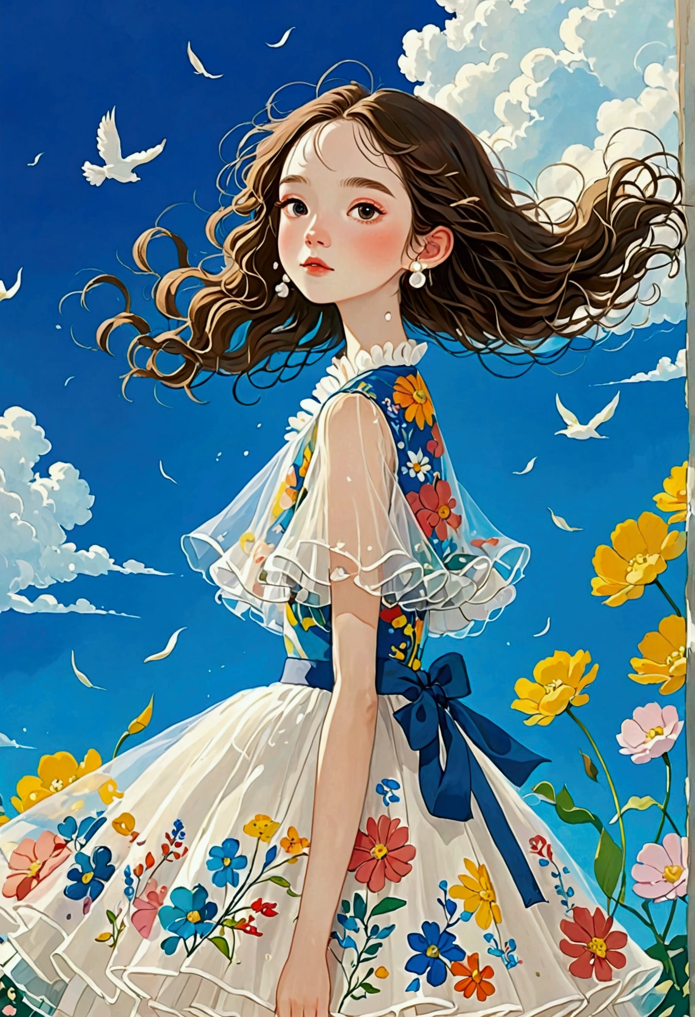 Fashion Designillustration,The painting shows a girl in a dress,Fluffy tulle skirt,White Tulle Skirt - Fluffy - Multi-layered,Dress inspired by flowers - flower shape, Popular trends on artstration, A beautiful art illustration, Beautiful digital illustrations, Color illustration, author:Golden Farmer, Detailed fashion illustration, Porcelain skin. Studio Ghibli, illustration, Mei Qing, Colorfull illustration, Fantasy illustrations, author:unbelievable,Blue Background,White Cloud