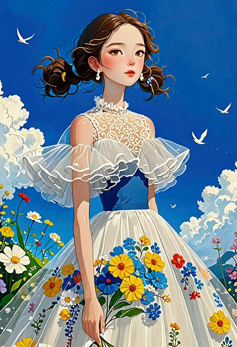 Fashion Designillustration，The painting shows a girl in a dress，Fluffy tulle skirt，White Tulle Skirt - Fluffy - Multi-layered，Dress inspired by flowers - flower shape， Popular trends on artstration, A beautiful art illustration, Beautiful digital illustrations, Color illustration, author：Golden Farmer, Detailed fashion illustration, Porcelain skin. Studio Ghibli, illustration, Mei Qing, Colorfull illustration, Fantasy illustrations, author：unbelievable，Blue Background，White Cloud