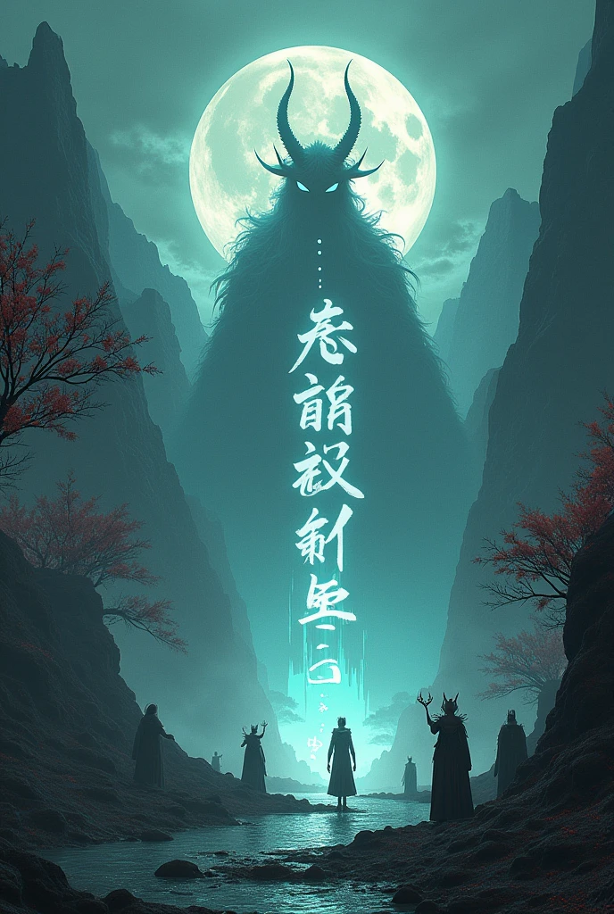 A fictional setting of the spirit world with youkai, not anime style, and on the other side evil onis and a large text written in the middle "uncertain fate"