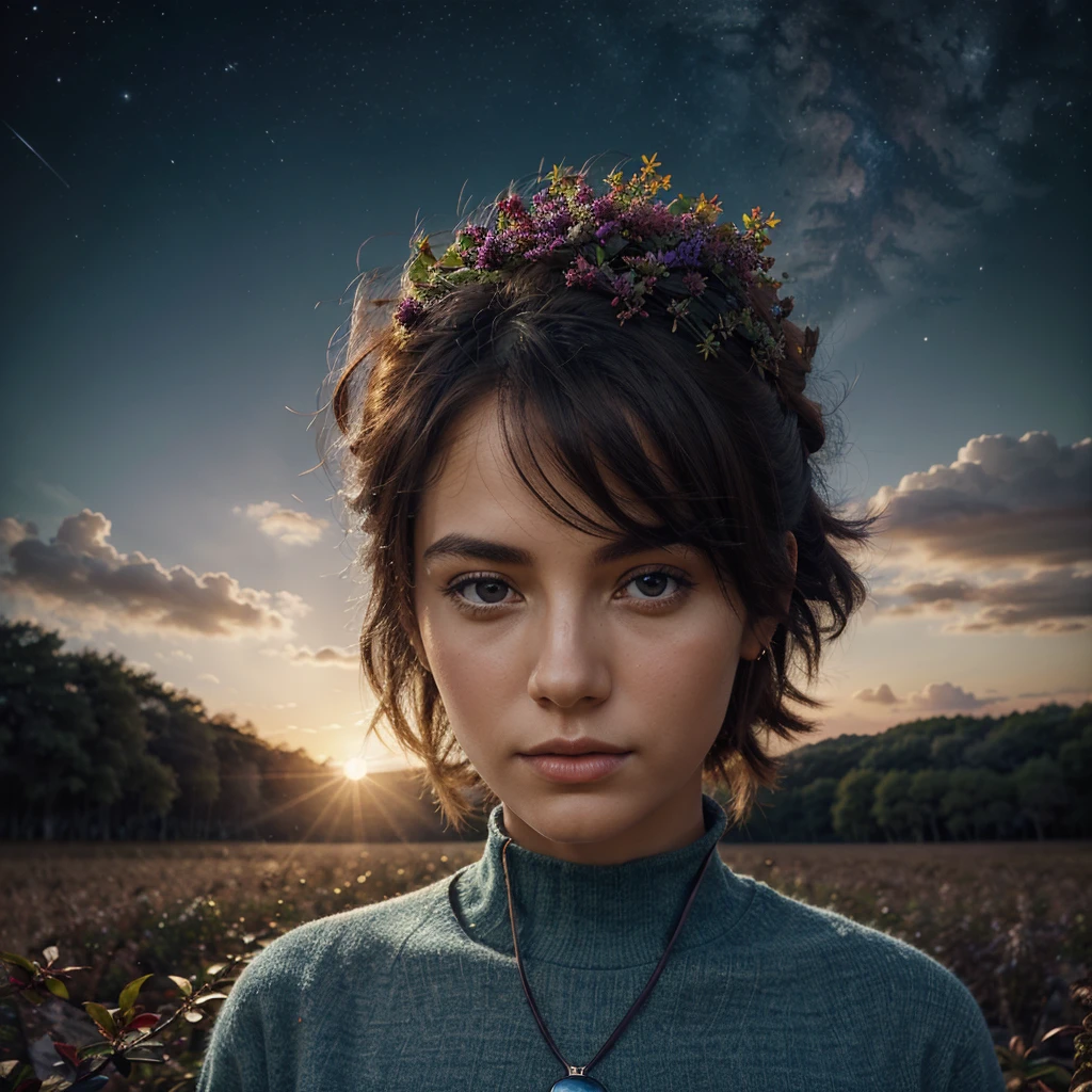 


"Create an exaggerated and complex digital painting of a human head that blends seamlessly with its surroundings. The head should consist of a mix of tree roots and branches, symbolizing the connection between nature and the human mind. The top of the head transforms into a tree canopy, with brightly colored leaves and a glowing sun nestled within. The background features a cosmic scene with soft planets and clouds, giving it an otherworldly feel. The color palette should include deep blues, bright oranges and rich purples, creating a harmonious blend of warmth and mystery. The overall design should be detailed and natural, emphasizing the integration of the natural world with human consciousness. 