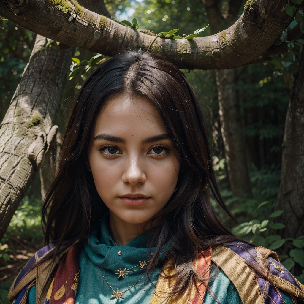 "Create an exaggerated and complex digital painting of a human head that blends seamlessly with its surroundings. The head should consist of a mix of tree roots and branches, symbolizing the connection between nature and the human mind. The top of the head transforms into a tree canopy, with brightly colored leaves and a glowing sun nestled within. The background features a cosmic scene with soft planets and clouds, giving it an otherworldly feel. The color palette should include deep blues, bright oranges and rich purples, creating a harmonious blend of warmth and mystery. The overall design should be detailed and natural, emphasizing the integration of the natural world with human consciousness.