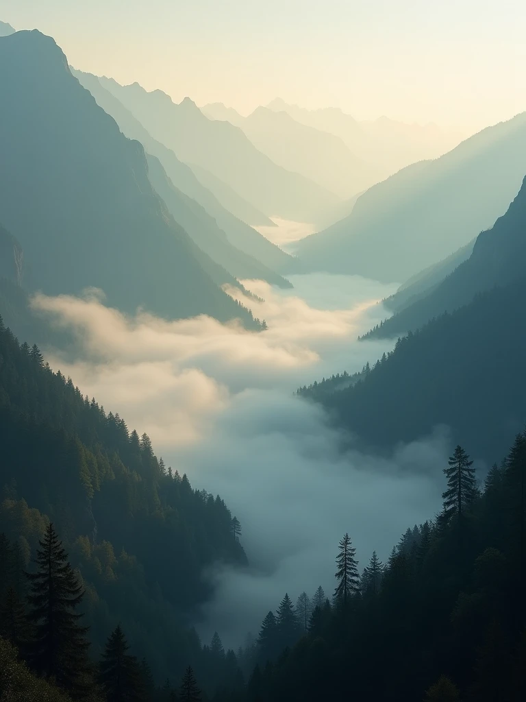 A hidden mountain valley enveloped in thick fog at dawn, with the dense forest on the slopes partially obscured by the mist. The scene is filled with dramatic contrasts between the dark forest and the ethereal fog, illuminated by the soft early light. Using a hazel mirrorless camera with a telephoto lens, the image captures the deep focus on the subtle textures and layers of fog, revealing the grandeur and mystery of the mountain landscape.
