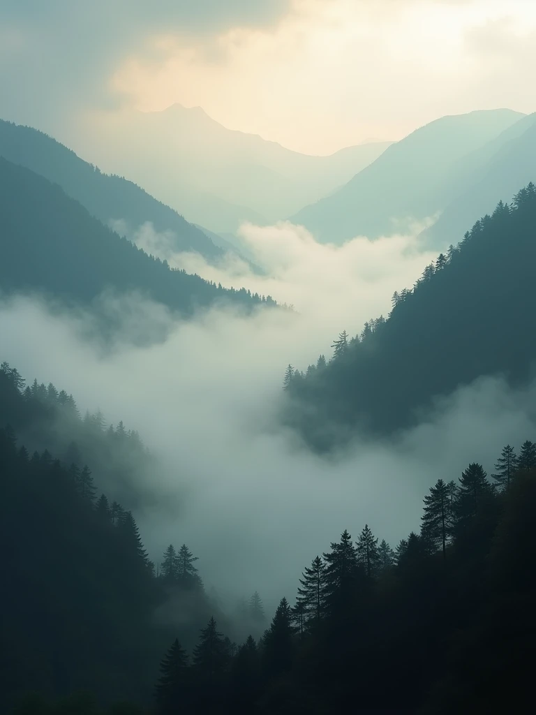 A hidden mountain valley enveloped in thick fog at dawn, with the dense forest on the slopes partially obscured by the mist. The scene is filled with dramatic contrasts between the dark forest and the ethereal fog, illuminated by the soft early light. Using a hazel mirrorless camera with a telephoto lens, the image captures the deep focus on the subtle textures and layers of fog, revealing the grandeur and mystery of the mountain landscape.