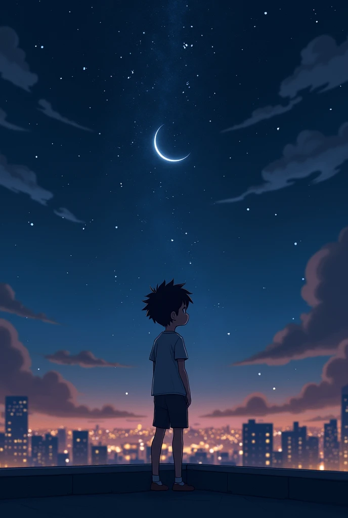 A boy stand in tha roof see star and moon