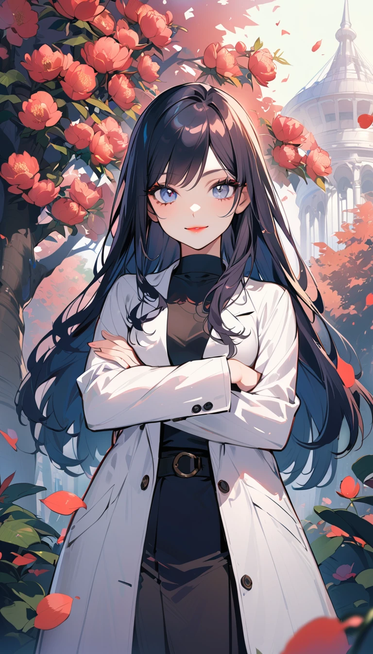 1woman, solo, black hair, middle part, long hair, gray eyes, droopy eyes, detailed eyes, eyelashes, red lips, smile, 25years old, crossed arms, wear white lab coat, Black turtleneck, Navy blue pencil long skirt, tree peony