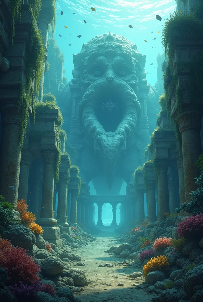 A submerged city with grand, crumbling temples and statues overgrown with seaweed and coral. Schools of fish swim through the streets, and a giant sea creature guards a hidden treasure.