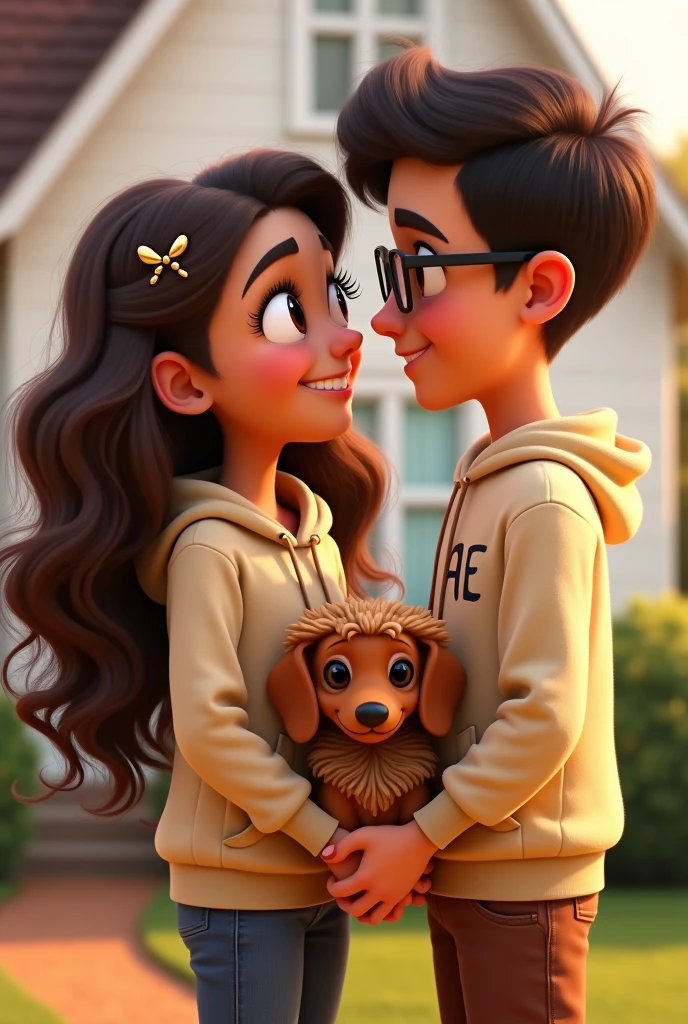 Pixar-style poster of two lovers, in a white house, She is a girl with long brown curly hair , white, with brown eyes, long eyelashes and small nose, with a round face wearing a beige hoodie with the initials AE small on the right side of the chest; a boy with dark brown hair, with rectangular frame lenses, dark brown eyes, the boy with a small round black earring in one ear big lips wearing a beige sweatshirt with small initials AE on the left side looking into each other's eyes and a light brown dachshund with a black nose and brown eyes wearing a lion costume.