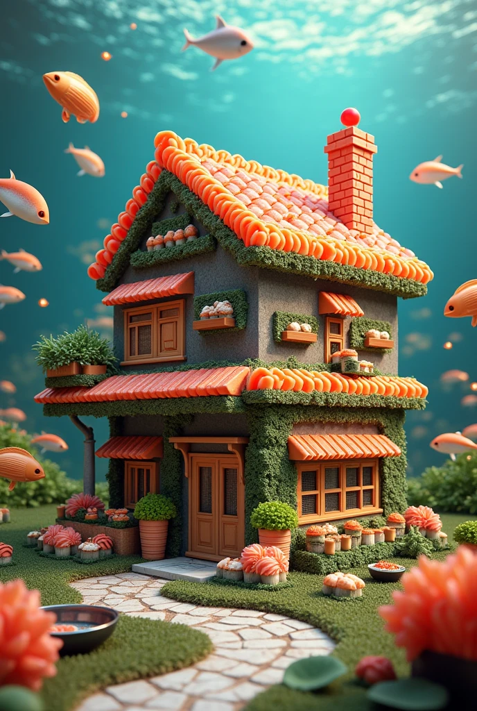 ((masterpiece, 8k, best quality, 8k, super realistic, high resolution:1.3)), realistic house, 2 storey house, 2 meter house, house made of sushi, sushi world, Sashimi in a frying pan, world of fish eggs, wasabi world, wall made of sushi, paper holder of some sushi.