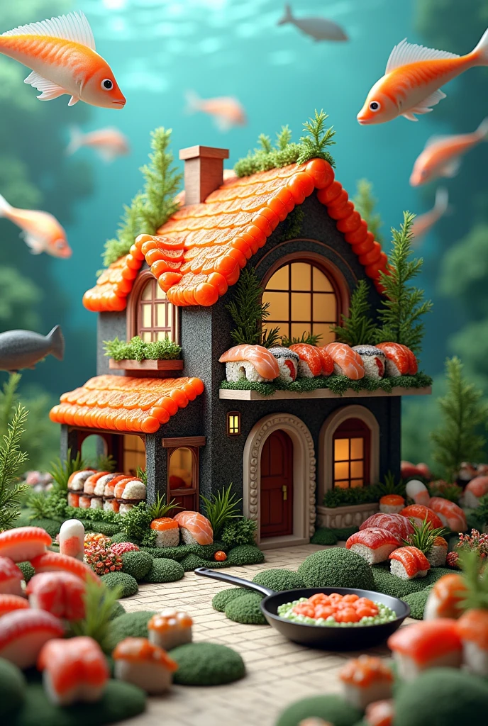 ((masterpiece, 8k, best quality, 8k, super realistic, high resolution:1.3)), realistic house, 2 storey house, 2 meter house, house made of sushi, sushi world, Sashimi in a frying pan, world of fish eggs, wasabi world, wall made of sushi, paper holder of some sushi.