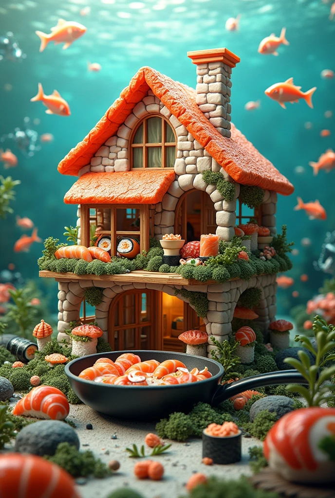 ((masterpiece, 8k, best quality, 8k, super realistic, high resolution:1.3)), realistic house, 2 storey house, 2 meter house, house made of sushi, sushi world, Sashimi in a frying pan, world of fish eggs, wasabi world, wall made of sushi, paper holder of some sushi.