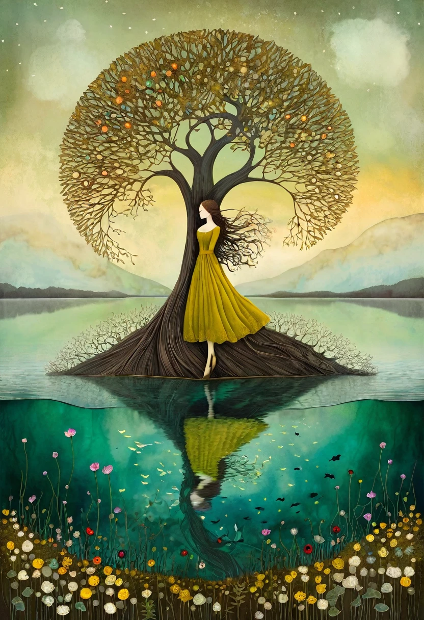 In the Style of Andy Kehoe and Tracy Grimwood, Catrin Welz-Stein. yggdrasill tree, large roots like blown glass tubes sinking into the ground, stained glass branches rising high into the sky. Three-quarter view of a lake with mustard-colored, emerald waters. Lying on the shores of the lake woman with dark blond hair, waved by the wind, dress made of flowers and leaves Blooming dandelion flowers, poppies, marsh flowers, orchid flowers. Warm colors, and cold colors skillfully mixed.