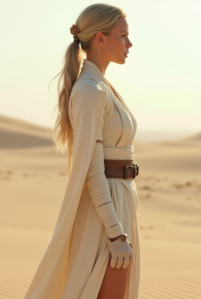 Beautiful, white, female, young woman, long blonde hair tied into a tight ponytail, wearing white Jedi robes, arms wrapped in white bandages, wearing brown fingerless leather gloves, legs wrapped in white bandages, wearing brown leather boots, standing in a desert, viewed from the side