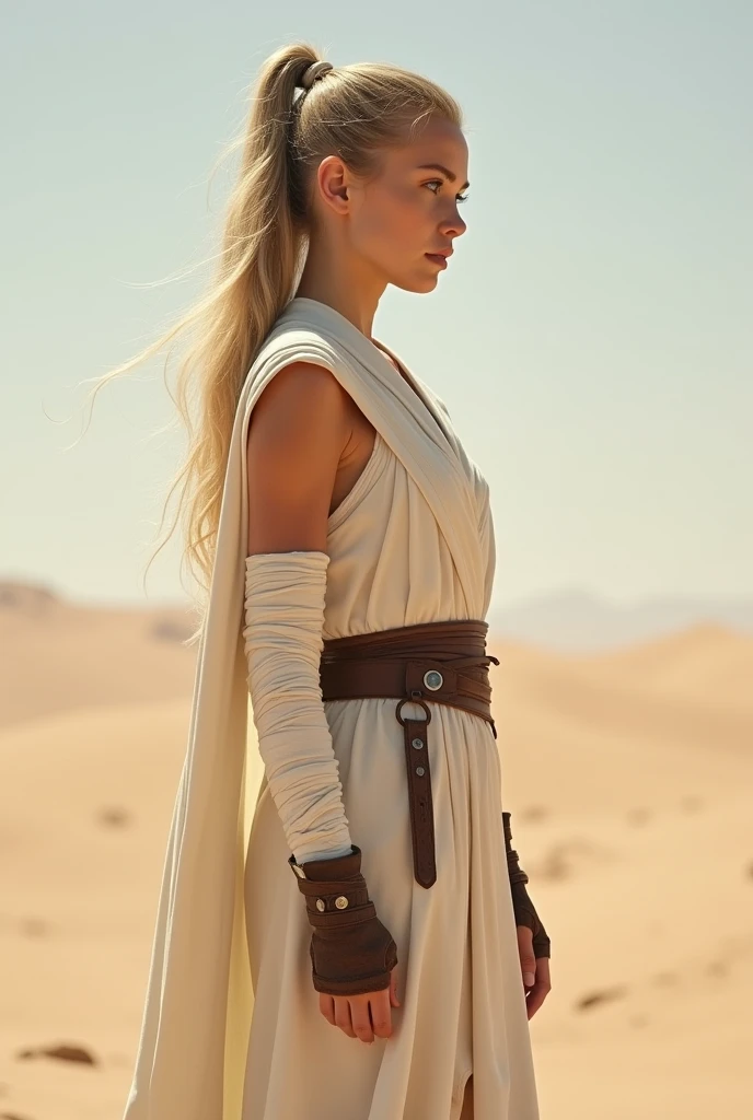 Beautiful, white, female, young woman, long blonde hair tied into a tight ponytail, wearing white Jedi robes, arms wrapped in white bandages, wearing brown fingerless leather gloves, legs wrapped in white bandages, wearing brown leather boots, standing in a desert, viewed from the side