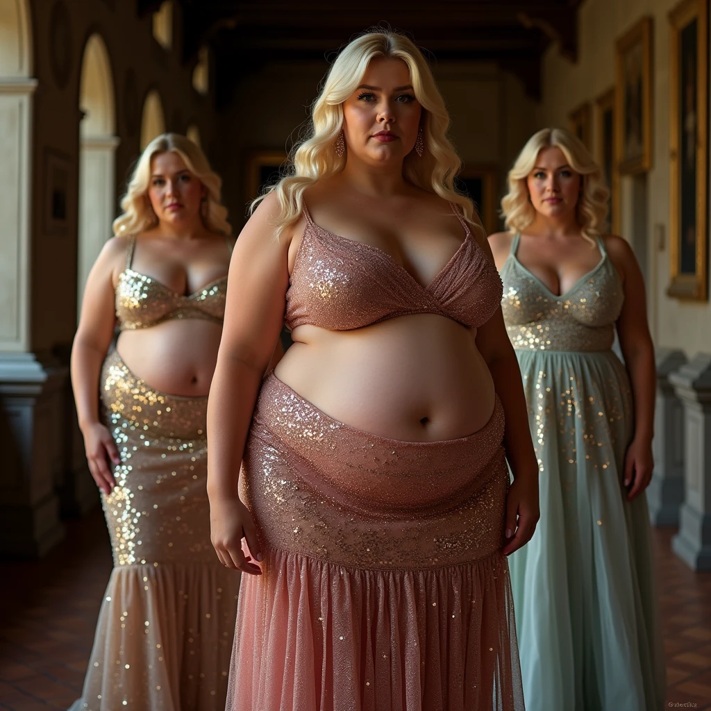 Five plus size model women have a lot of fat on their stomachs and buttocks and weigh 150kg, they gained weight by eating too much, they are blonde haired obese women with very big stomachs and buttocks, they are plus size models and their whole body is covered with a lot of fat, they are photoshooting in an old castle wearing glittering and gorgeous dresses for the promotion of a high-end brand of formal wear, 4K quality
