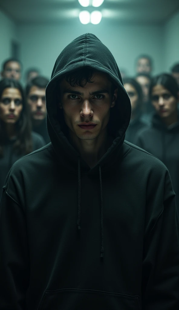 Design an ultra-realistic, 8K quality horror movie poster with a 9:16 aspect ratio. The poster features a handsome, slim,smart, 25years guy standing in the foreground, wearing a black hoodie, with his face clearly visible and showing a determined expression. Behind him, a group of terrified people is visible, their faces filled with fear and anxiety. The background should evoke a dark and eerie atmosphere, with ominous shadows and haunting details. The movie title "KON MURSHID?" should be prominently displayed on the poster, capturing the intensity and horror of the scene.