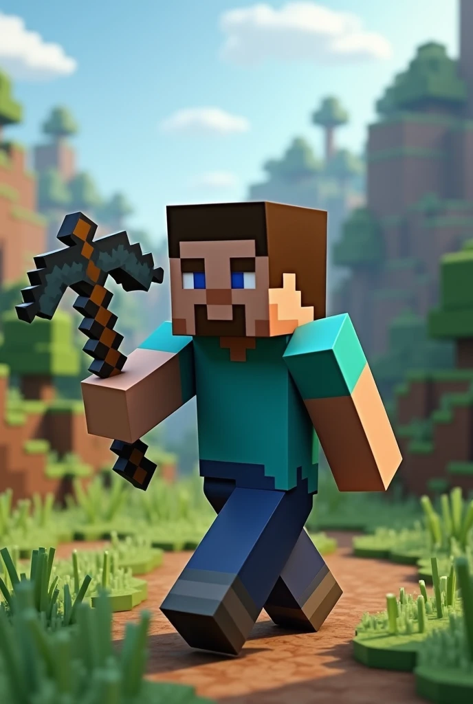 A Minecraft player Alex with a pickaxe