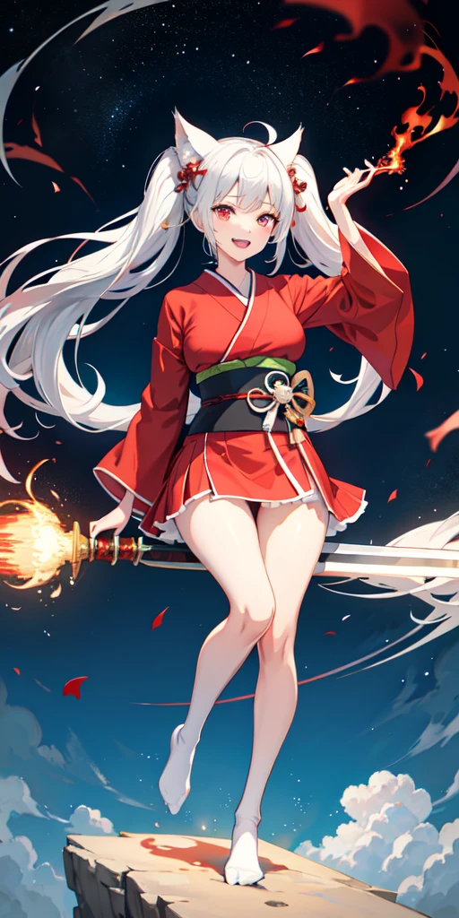 1 person,woman,Red kimono, Twin tails ,Silver Hair,Big Red Dragon,Blue Flame, wallpaper, landscape,Depth of written boundary, night, Particles of light, light, Side light, Thighs,****, Red light armor,White mini skirt, White knee socks, cloud,Gaze, Large Breasts, Holds a long sword,Emerald green eyes, Fox Ears, Bright smile,Open your mouth