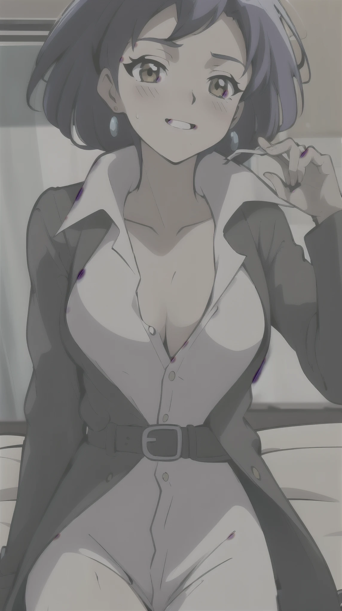 ((super high quality,))((Ultra-high resolution,))(16K,)(super masterpiece,)((Ultra HD ,))(Detailed shading,)One sexy office lady,Cleavage,popped Tight collar White shirts,Lower body naked,smile,blush,Lying in bed,Sweaty,Full body photo,