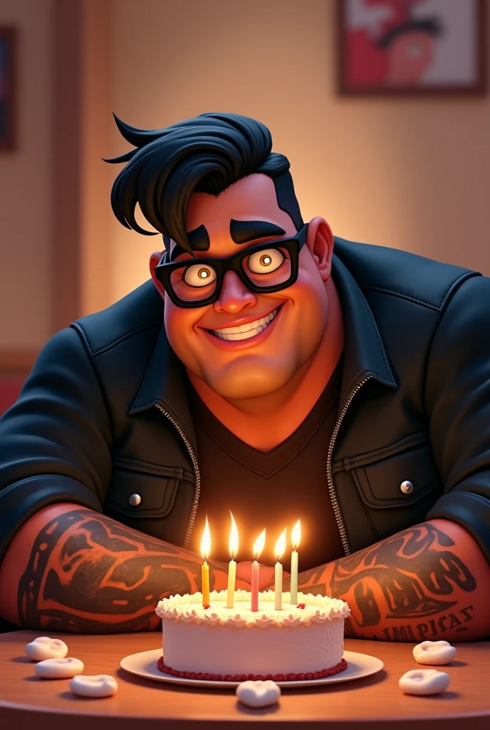 Disney Pixar style character of a big bodied Latino man dressed in black clothes and black jacket with a flirty masculine face and serious black hair combed sideways with black glasses, Tattooed arms blowing on a birthday cake and lots of teeth on the table
