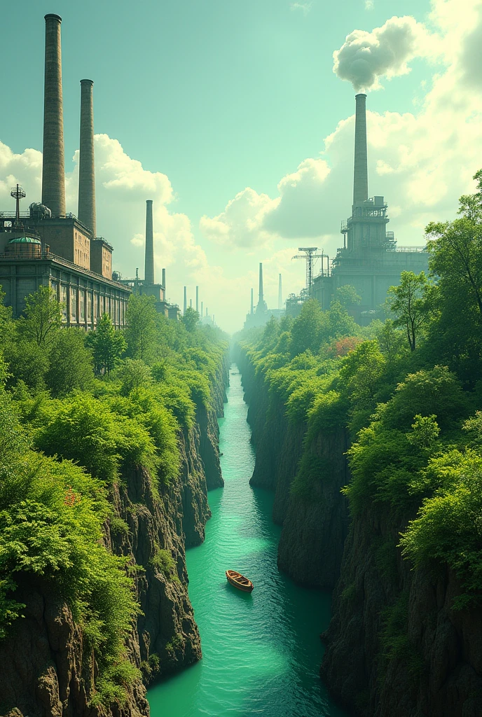 A image dipicting the ollution on one side convered to greenery on another using machines