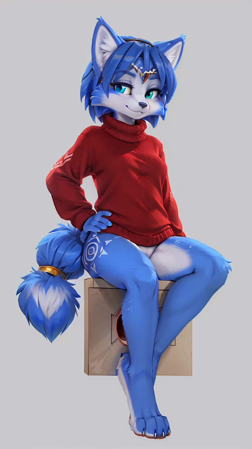 a picture of ((krystal)), Star Fox krystal, sslim, lovable, green eyes, medium breasts, (((Long blue hair 1.3))), Decollete, anthro, furry, Uploaded E621, detailed fluffys fell, (von Fluff-Kevlar, Bayard Wu, Pino Daeni), detailed face, (fluffy), 1 girl, alone, sweet girl, (((hole body))), wearing a pink Virgin Killer sweater, one hand on the hip, sexy Pose, simple grey background, sitting on a chic red velvet armchair, legs crossed,