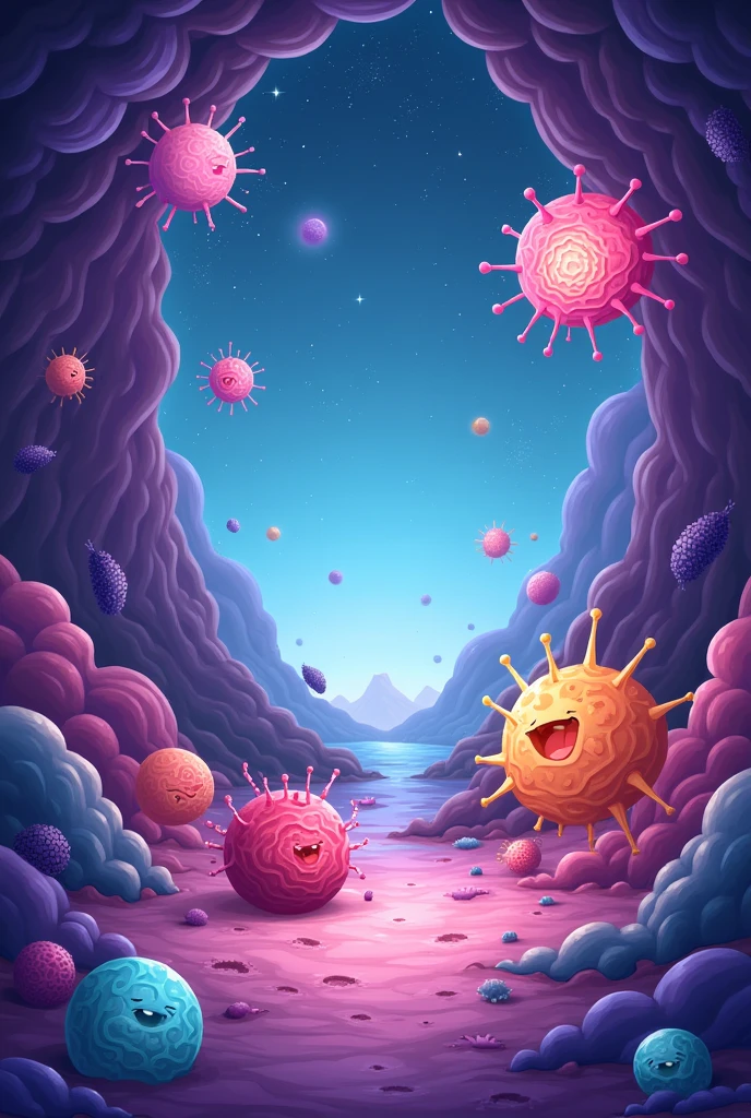 A simple, beautiful, cool, pink , cartoon book cover for eukaryotic cells , space for book name in the middle 