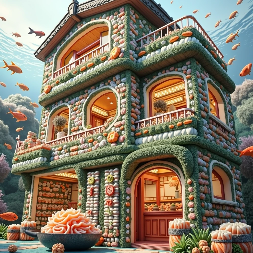 ((masterpiece, 8k, best quality, 8k, super realistic, high resolution:1.3)), realistic house, 2 storey house, 2 meter house, house made of sushi, sushi world, Sashimi in a frying pan, world of fish eggs, wasabi world, wall made of sushi, paper holder of some sushi.