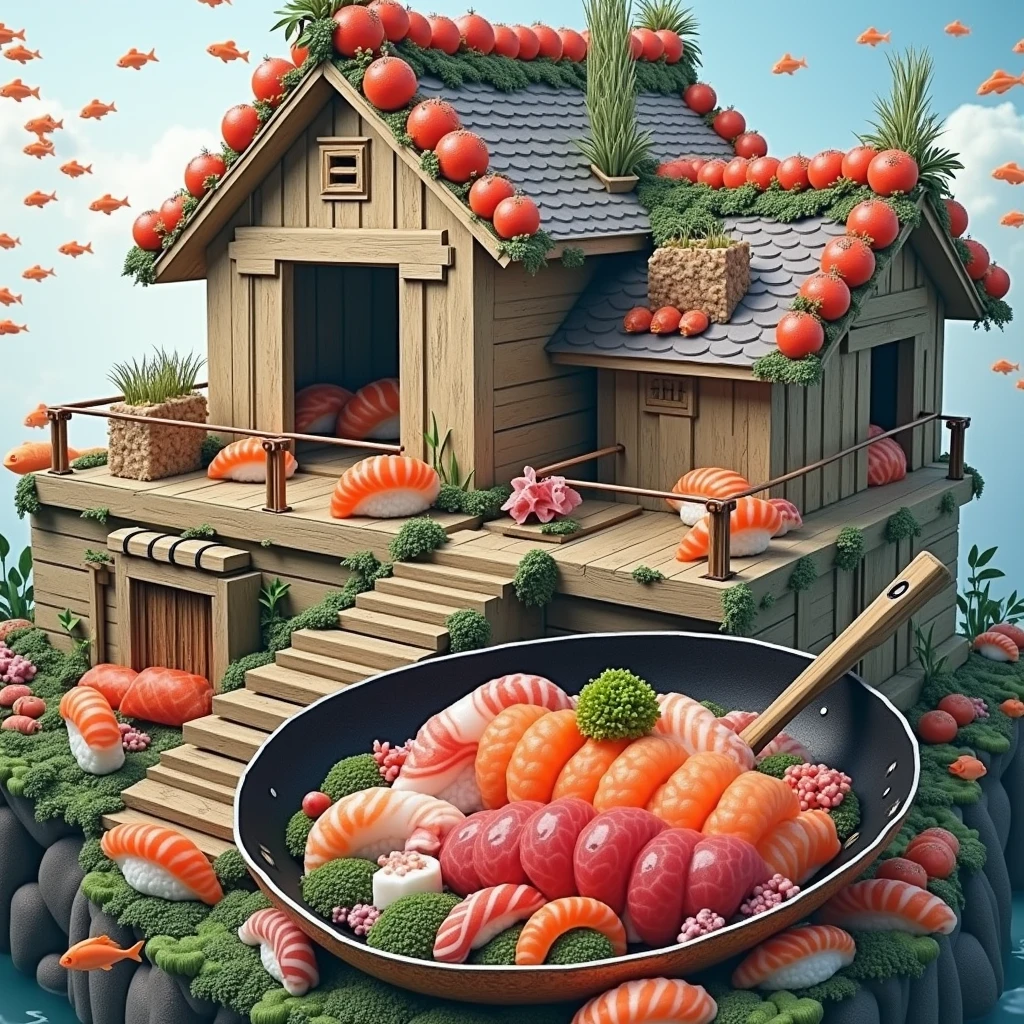 ((masterpiece, 8k, best quality, 8k, super realistic, high resolution:1.3)), realistic house, 2 storey house, 2 meter house, house made of sushi, sushi world, Sashimi in a frying pan, world of fish eggs, wasabi world, wall made of sushi, paper holder of some sushi.